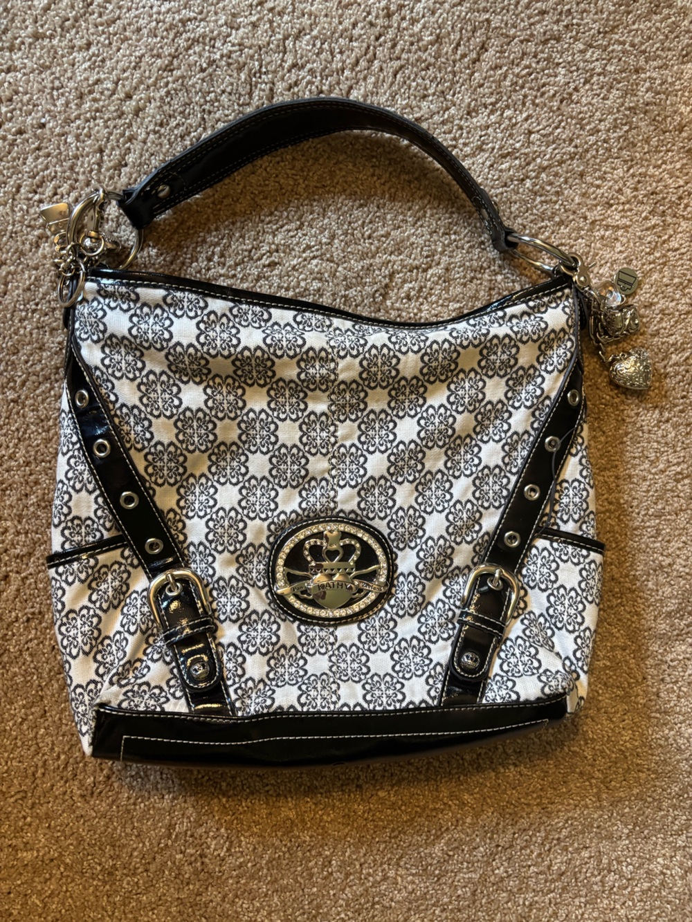 Kathy Van Zeeland Black & White Logo Medallion Shoulder Bag